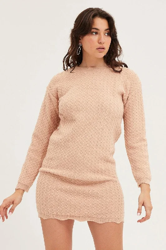 Age-reducing Style Beige Dress Long Sleeve Mini Knit