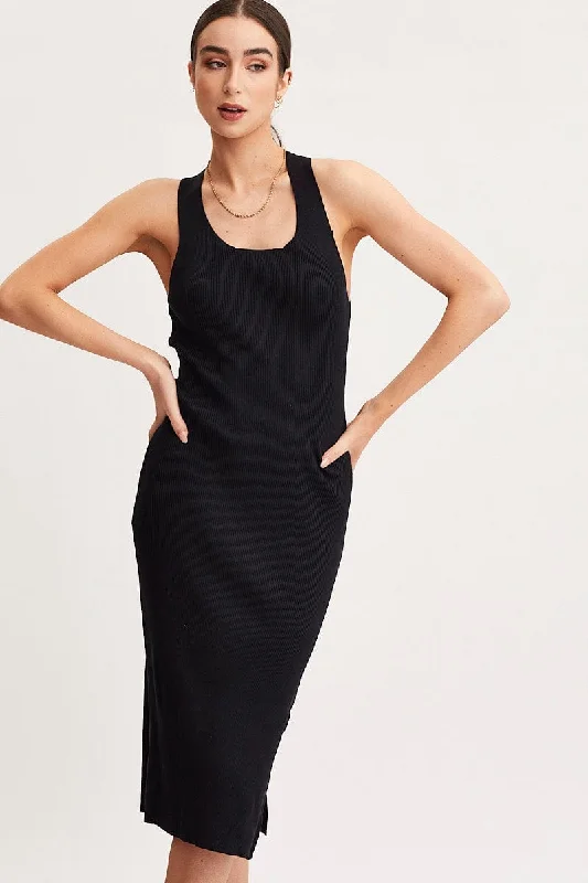 Spring Fashion Black Keyhole Dress Sleeveless Midi Knit