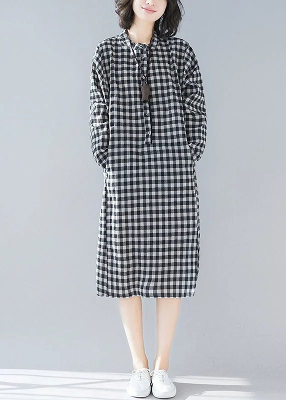 Bottom And Versatile Plus Size Black White Plaid Stand Collar Pockets Side Open Linen Dresses Long Sleeve