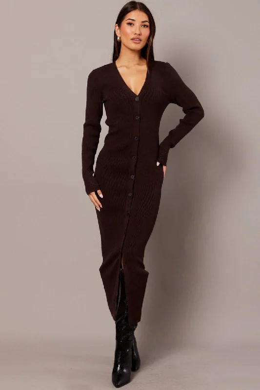 Chic Outfits Brown Knit Dress Long Sleeve Button Front