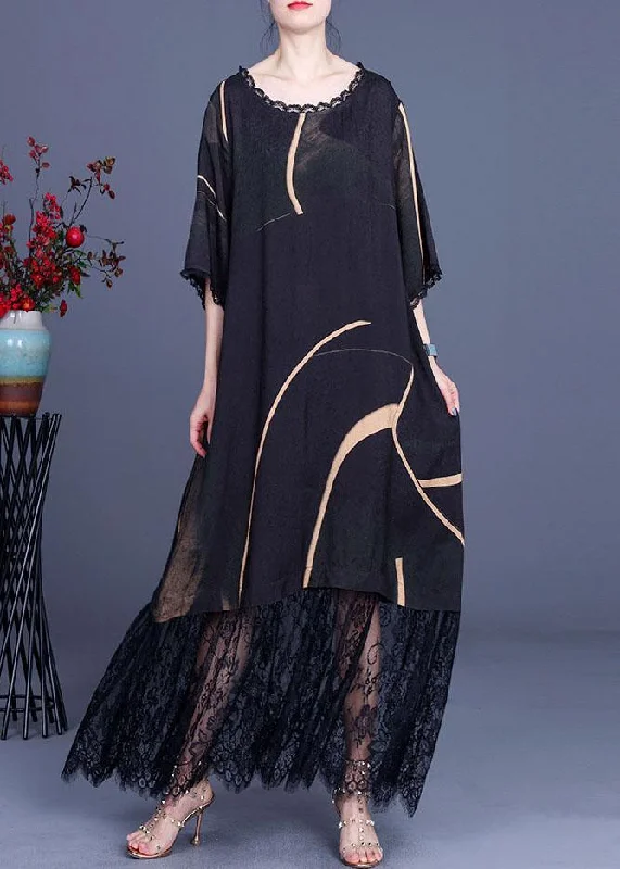 Soft Comfort Natural Black Silk Print Patchwork Lace Vacation Dresses Summer