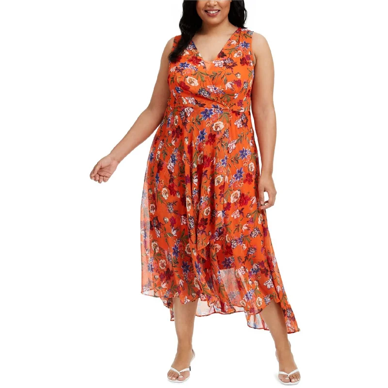 Comfortable And Cold-proof Calvin Klein Womens Floral Surplice Dress, Orange, 18W