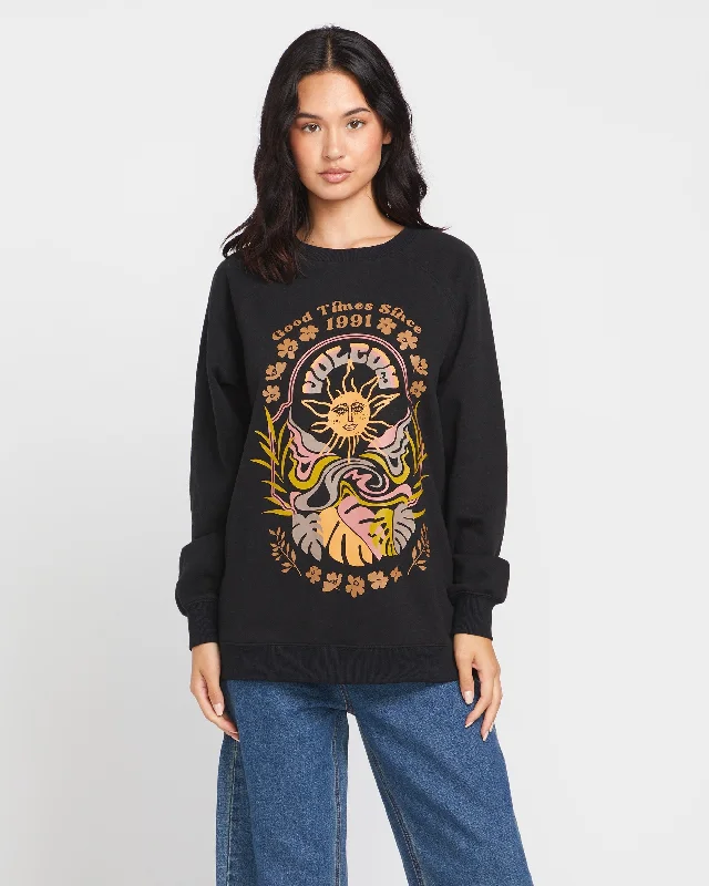French Style Stone Magic Boyfriend Crew Sweatshirt - Black