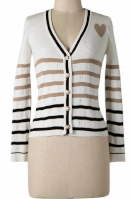Warm Atmosphere Women's Heart Stripe Cardigan In Black, Khaki And White