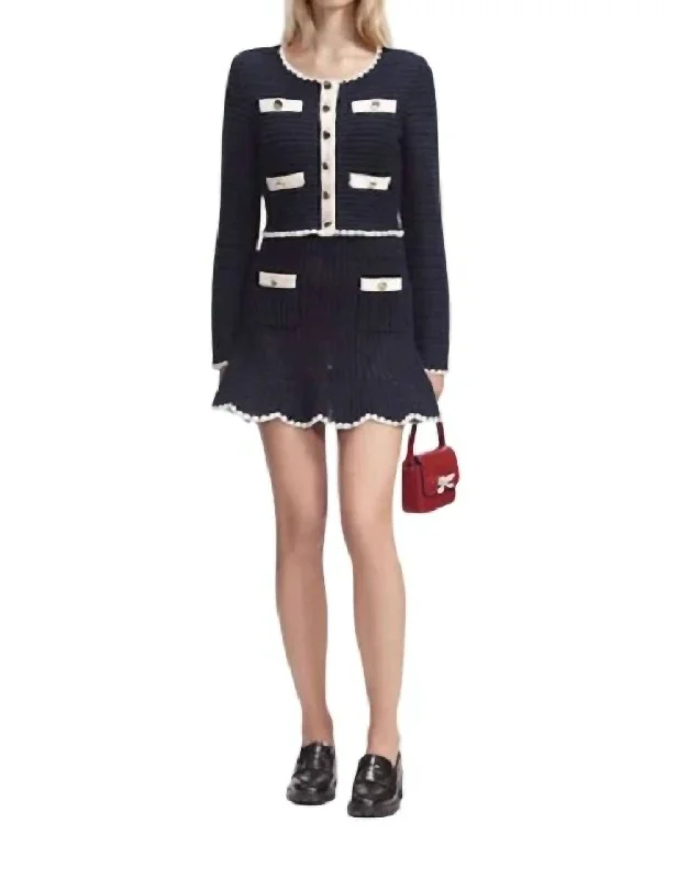 Slightly Flared Design Contrast Trim Cardigan In Navy