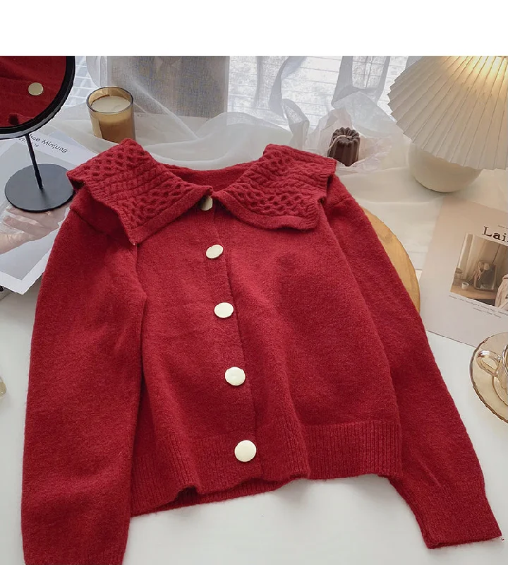 Simple Style Temperament aging single breasted doll neck long sleeve slim top  6024