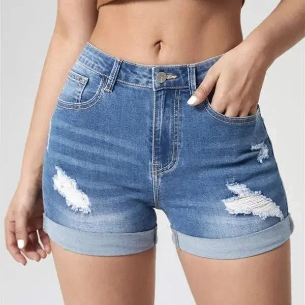 High-end Customization Women's Fashion Holes Curling High Elastic High Waist Denim Shorts