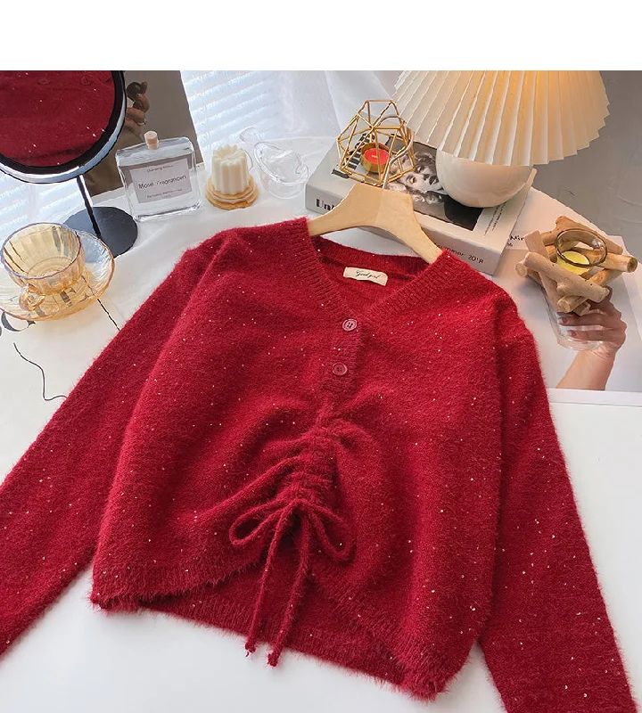 Simple Solid Color Korean fashionable temperament drawstring slim long sleeve top  6056