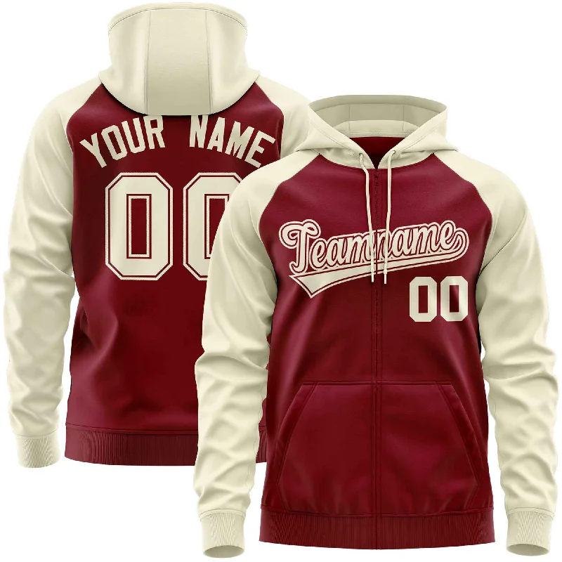 Casual Choice Custom Stitched Crimson Cream Raglan Sleeves Sports Full-Zip Sweatshirt Hoodie