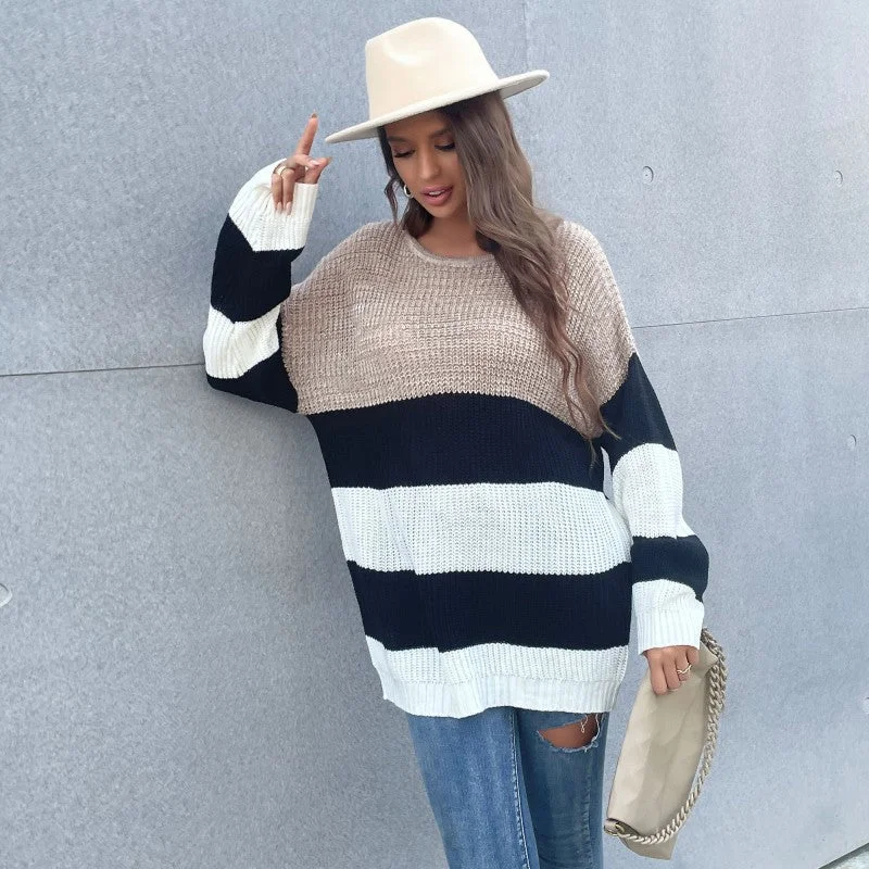 Modern City Loose Color Blocking Stripe Knitted Long Sweater