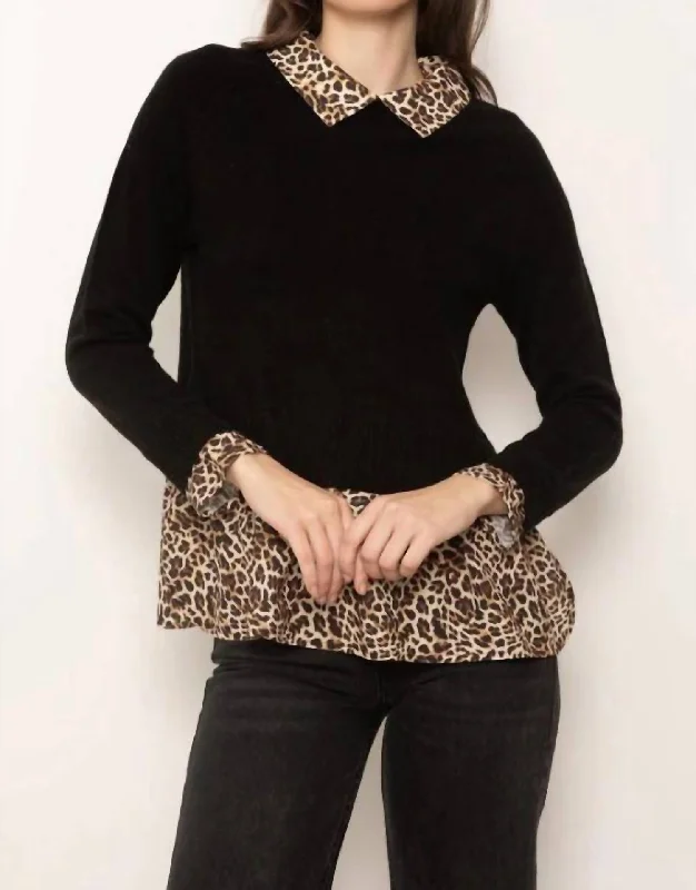 Elegant Wear Nova Leopard Print Twofer Sweater In Black