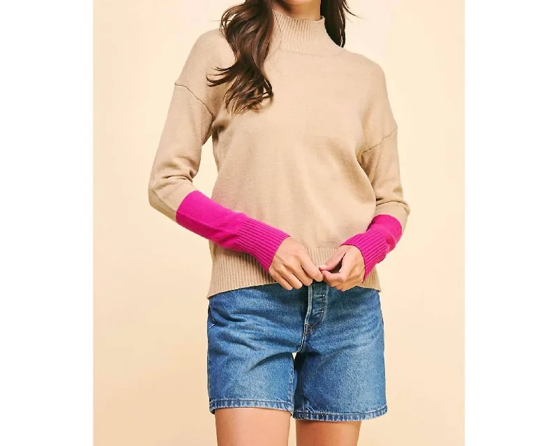 Street Fashion Color Block Mock Neck Sweater In Taupe