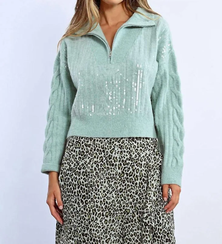 American Style Qtr Zip Sequin Sweater In Mint