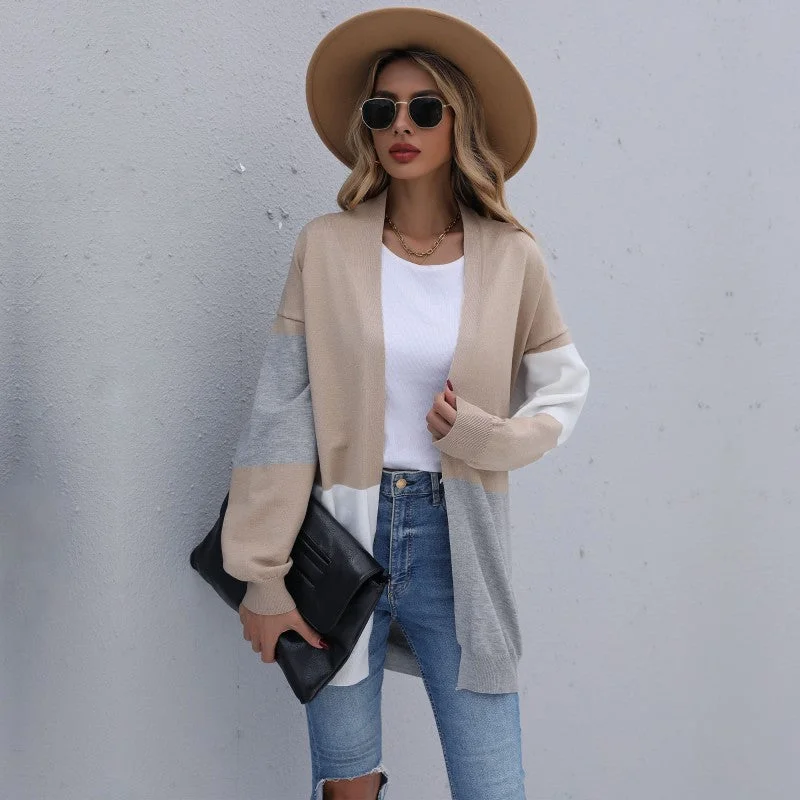 Playful Style Color Blocking Drop Sleeve Long Jersey Cardigan Women Clothing Vendor