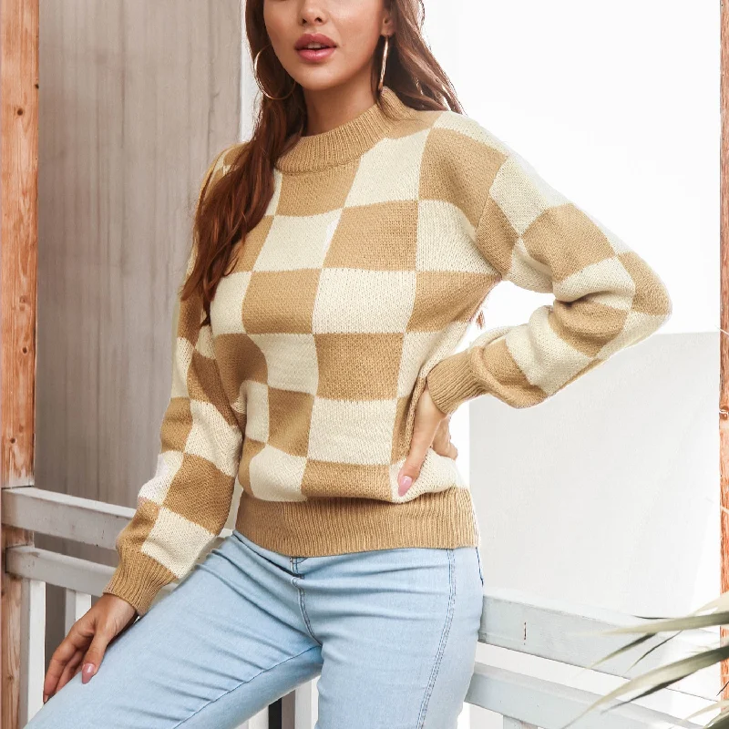 Basic Version Long Sleeve Plaid Round Neck Sweater Wholesale Clothing SS070034