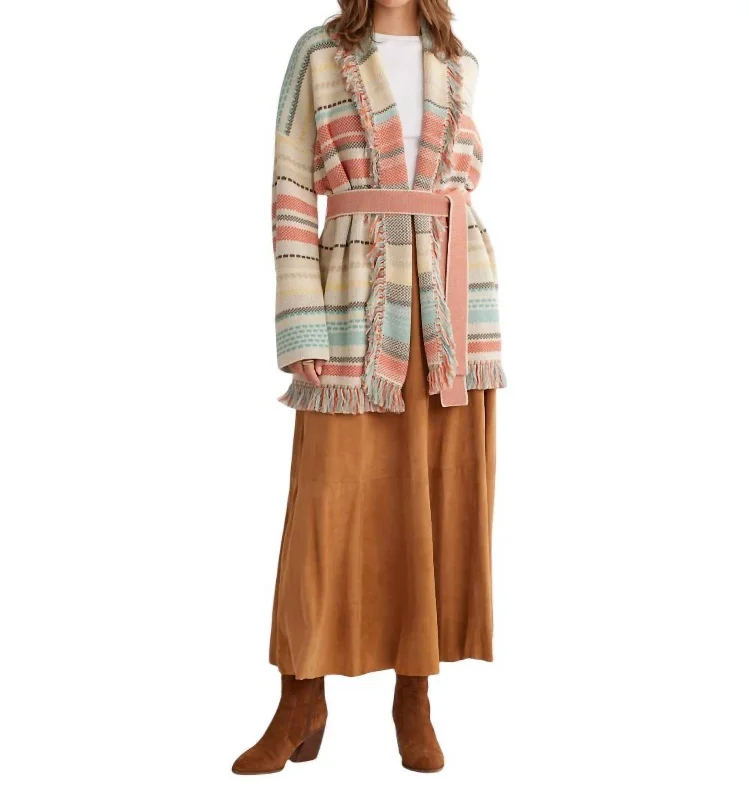Noble Temperament Columbia Shawl Collar Cardigan In Sandshell Multi Stripe