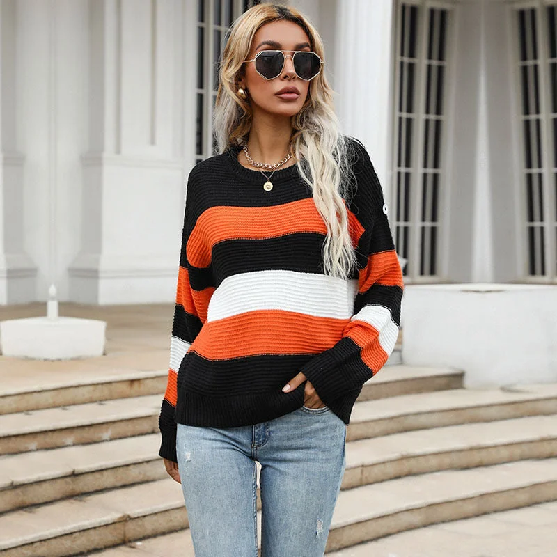 British Fashion Loose Hit Color Striped Jumper Wholesale Women Sweater