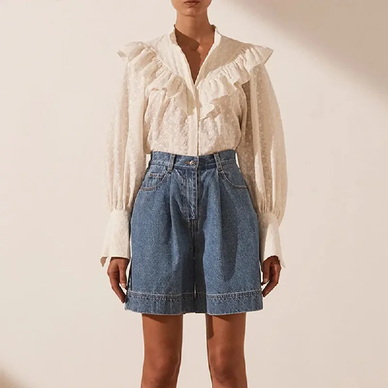 Casual Chic Wear Women's Loose Jacquard Cotton Button Long-sleeved Top