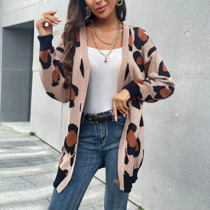 Elegant And Simple Women Wholesale Clothing Outwear Leopard Pattern Knitted Long Cardigan