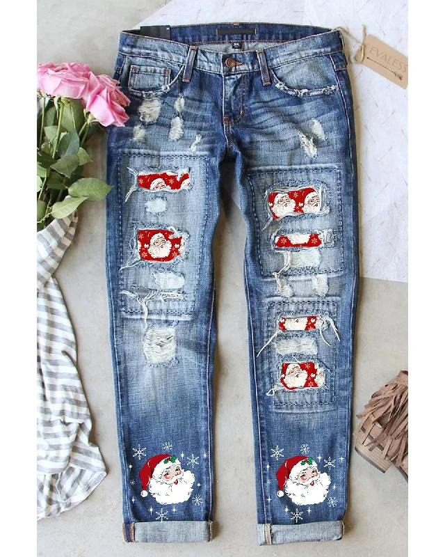 Multifunctional Style Azura Exchange Santa Claus Patchwork Distressed Boyfriend Jeans - 18 US