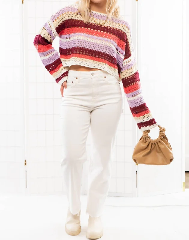 Stylish Wear Between The Lines Striped Crochet Sweater In Lavender