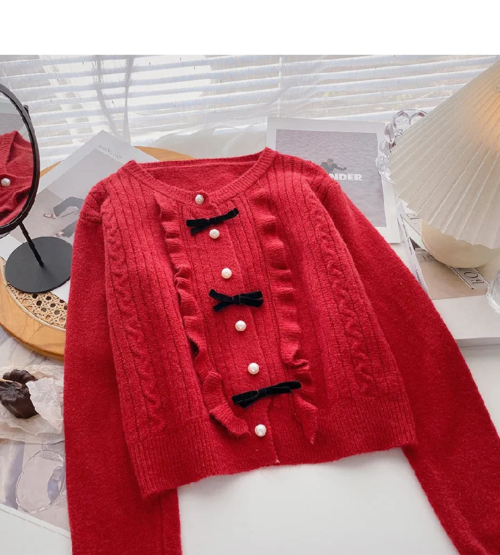 Street Personality Style Bow round neck pearl button sweater sweet long sleeve top  6074