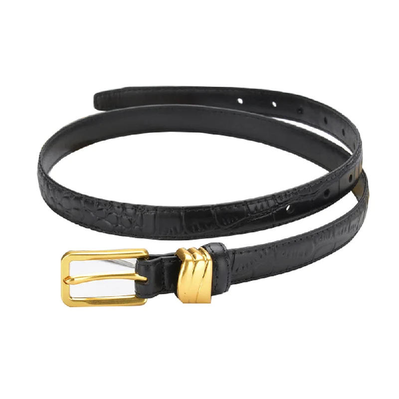 Energy Wear Genuine leather with Crocodile pattern pin buckle thin belt jeans belt for women (Black)