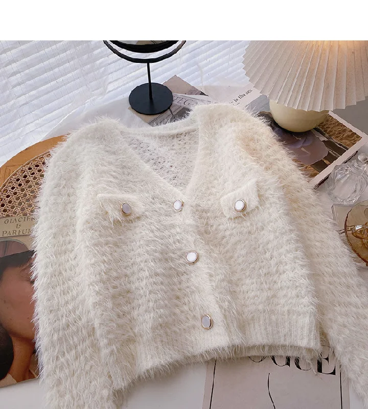 Playful Style Imitation mink wool solid color sweater knitted cardigan fashion  6059