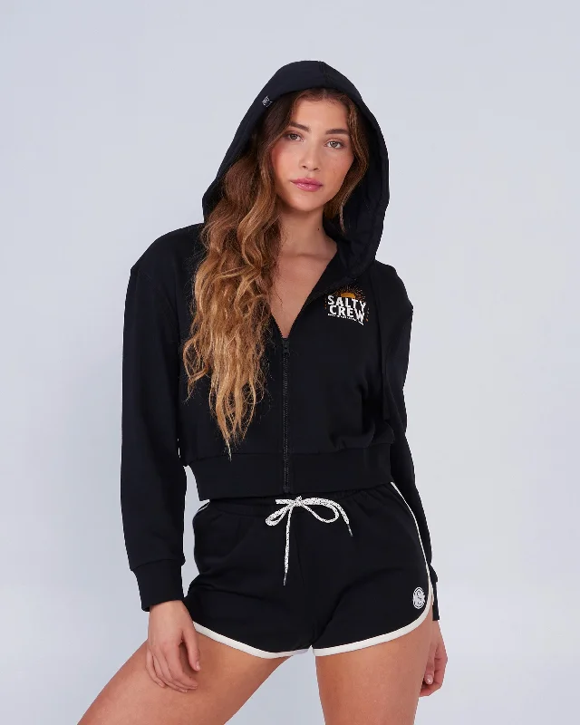 Casual Chic Cruisin Crop Zip Fleece Hoodie - Black