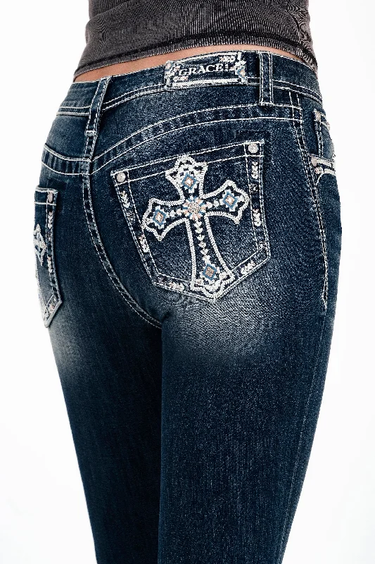Fashion Comfort Cross Embroidery Mid Rise  Bootcut Jeans