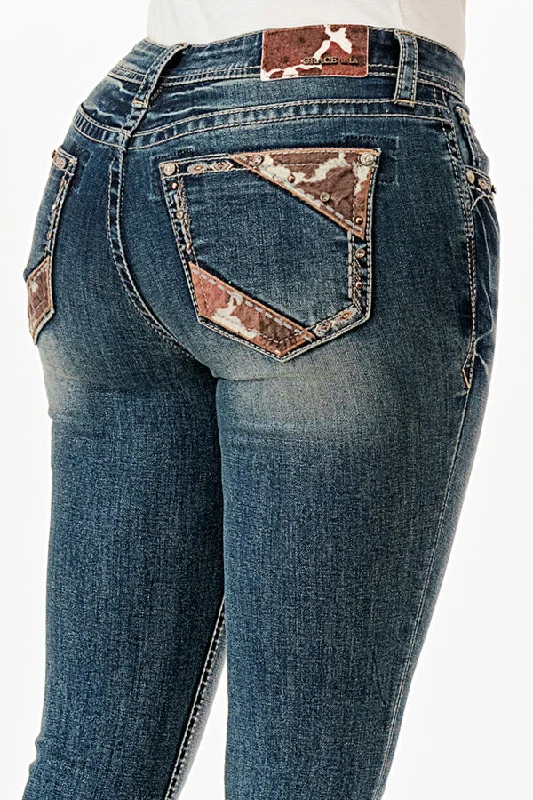Versatile Style Cow Hide Trim Mid Rise  Bootcut Jeans