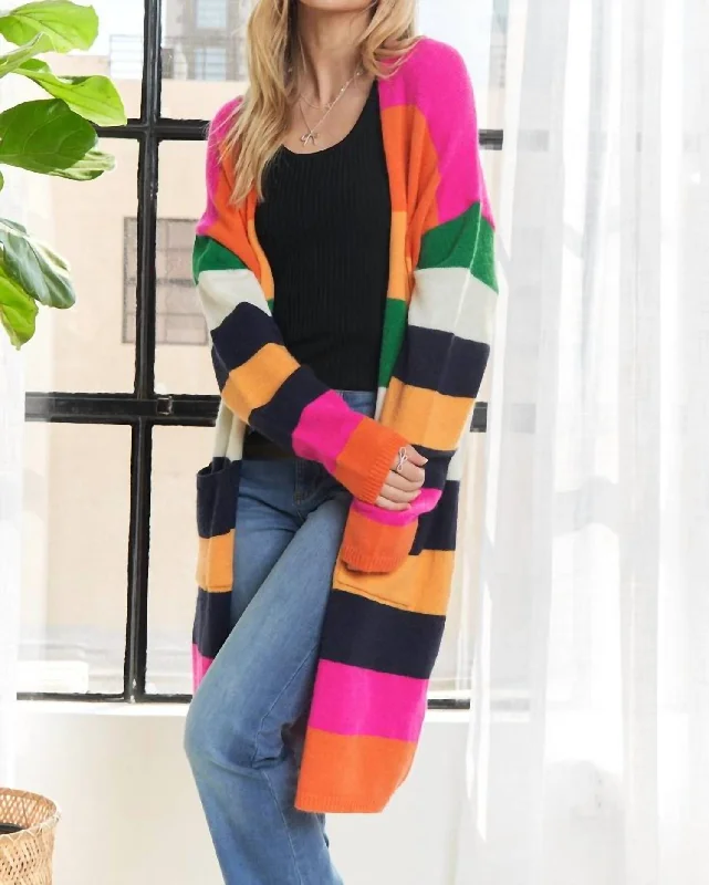 Leisure Travel Multi Color Cardigan In Fuschia Pink,orange
