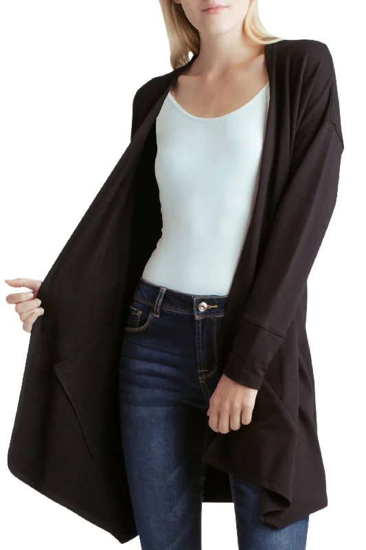 Boutique style Long Sleeve Draped Fleece Knit Jacket With Pockets In Black