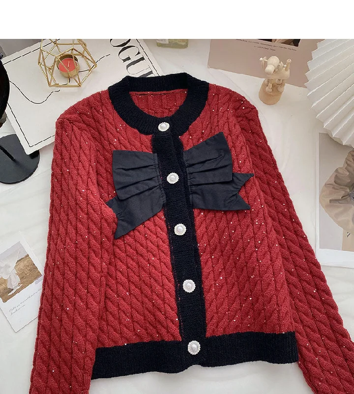 Wandering freely Bow knot small fragrance round neck color matching twist sweater  6064