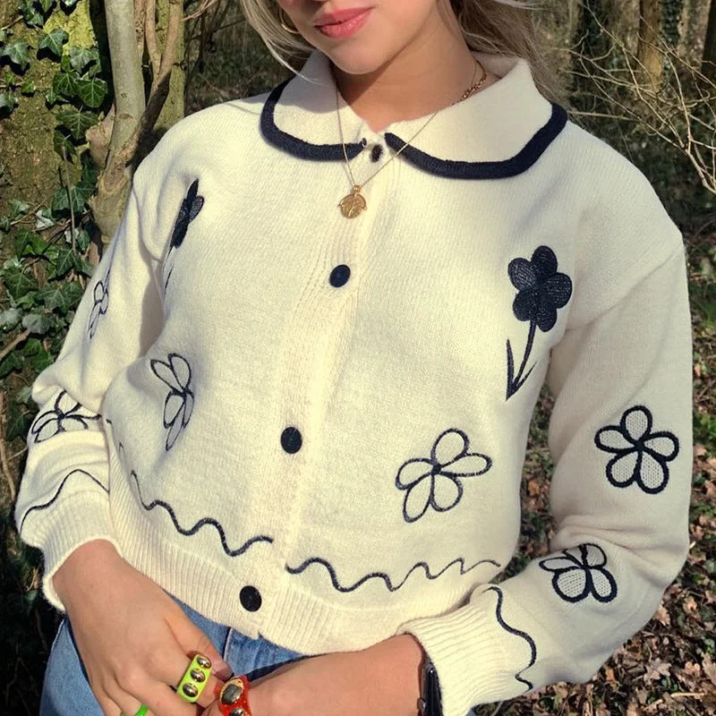 Personalized Design Button Down Floral Doll Collar Short Cardigan
