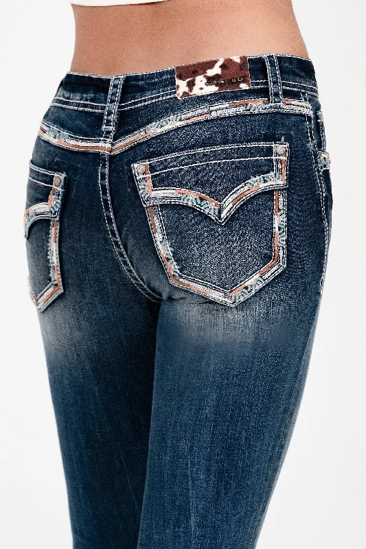 Cozy Fit Wear Border Copper Embroidered Faux Flap Mid Rise  Bootcut Jeans