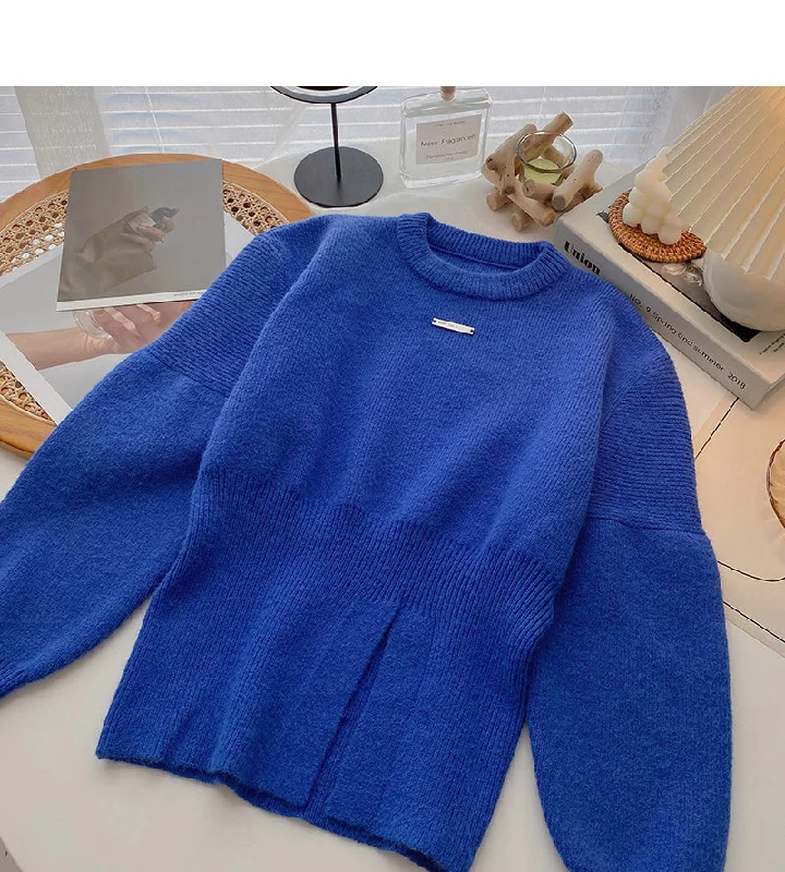 Independent design Bubble sleeve design, split and thin round neck top  6070