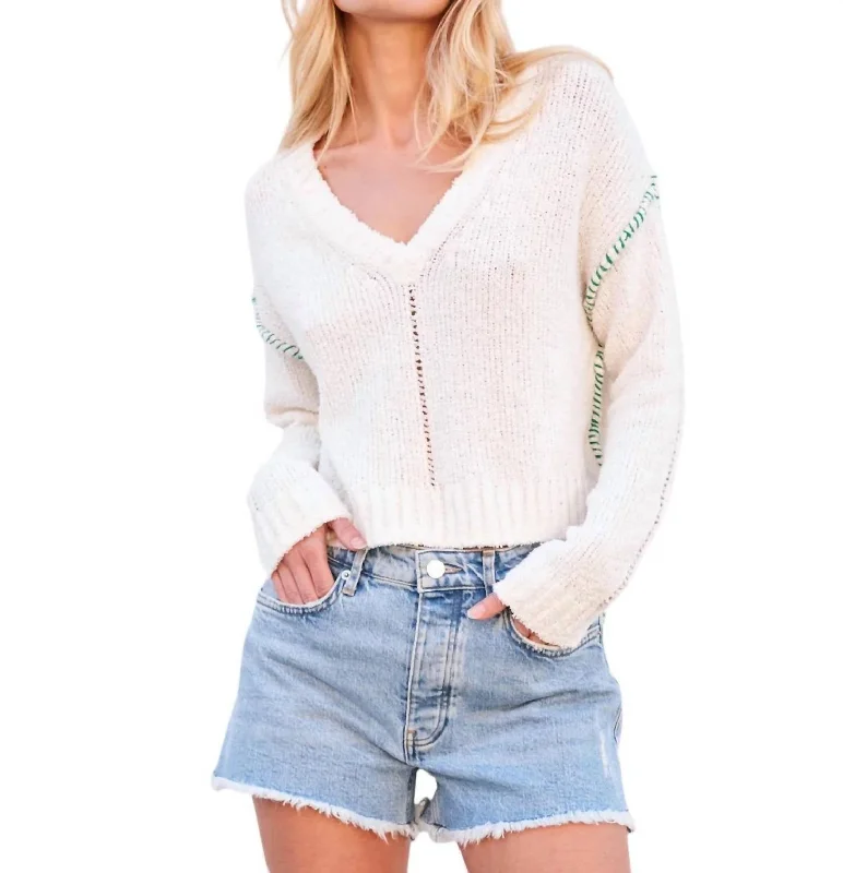 Carefree Style V Neck Sweater In Cream
