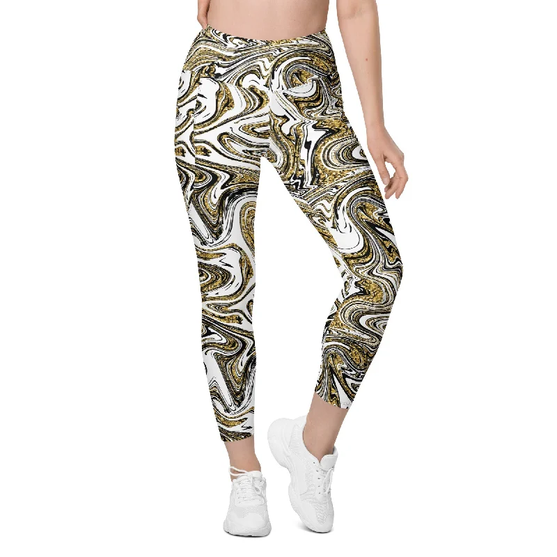 Modern Chic Glitter Print Marble Leggings With Pockets