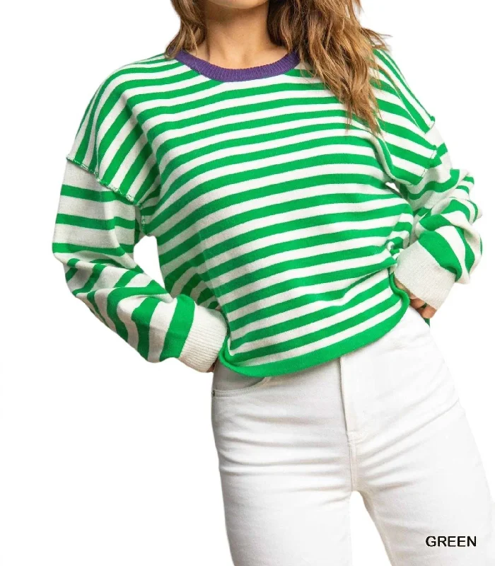 Soft Touch Striped Pullover Sweater In Green