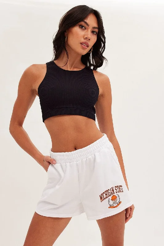 Retro Style White Track Shorts Michigan State Graphic High Waist
