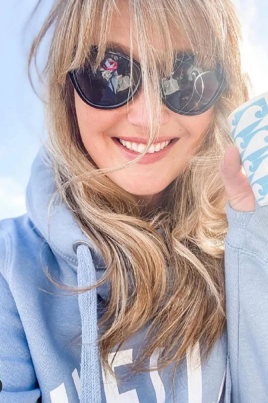 Fashionable Ease Light Blue Hello Cowl Neck Hoodie