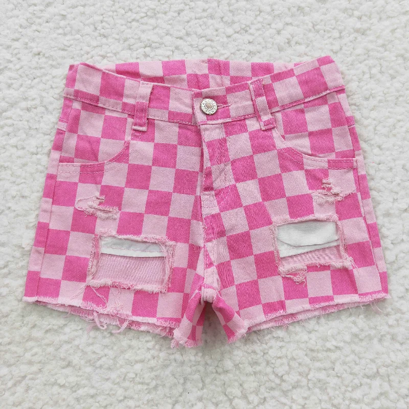 Exquisite Tailoring girls pink plaid denim shorts SS0092