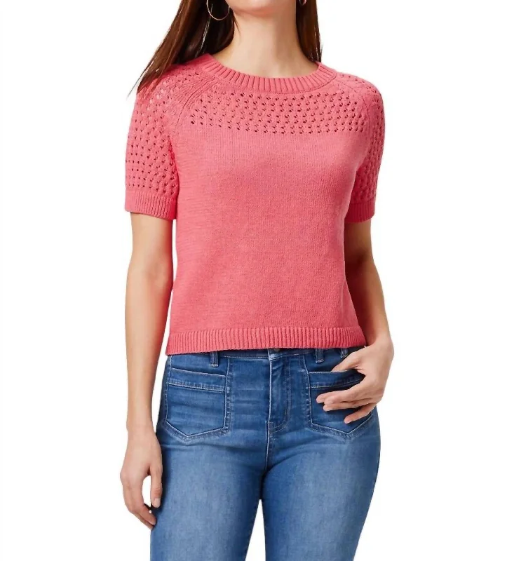 Printed Patterns Placed Crochet Sweater Tee In Coral