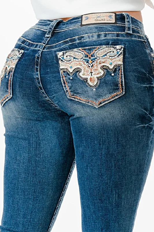 Cool Style Aztec Embroidery Mid Rise  Bootcut Jeans