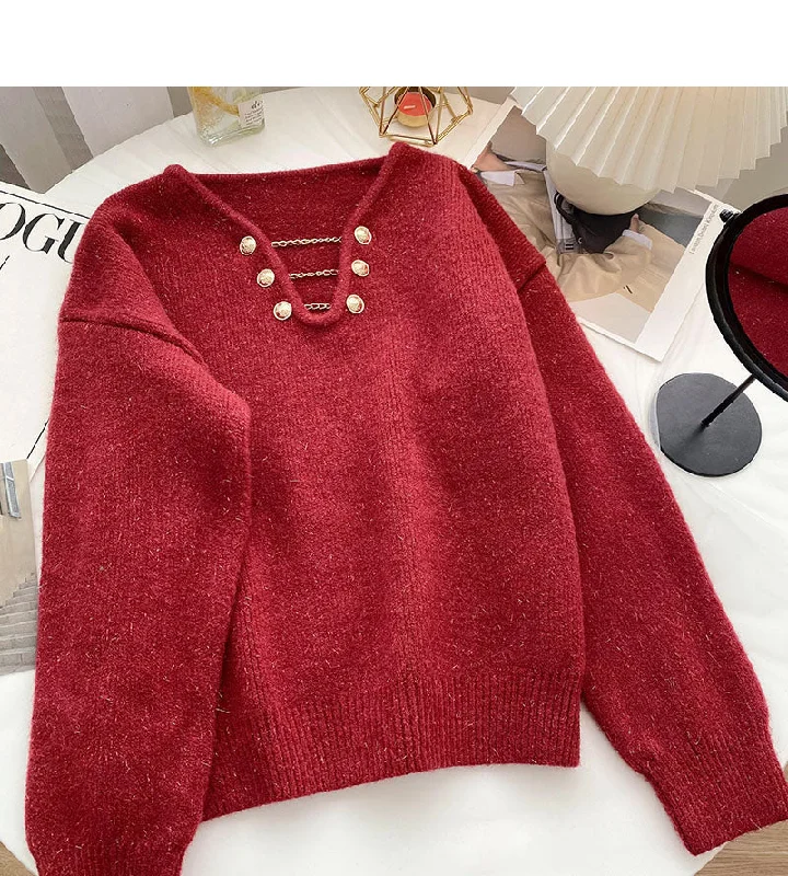 Elegant And Charming Niche design personalized V-neck bright silk long sleeve Pullover Top  6047