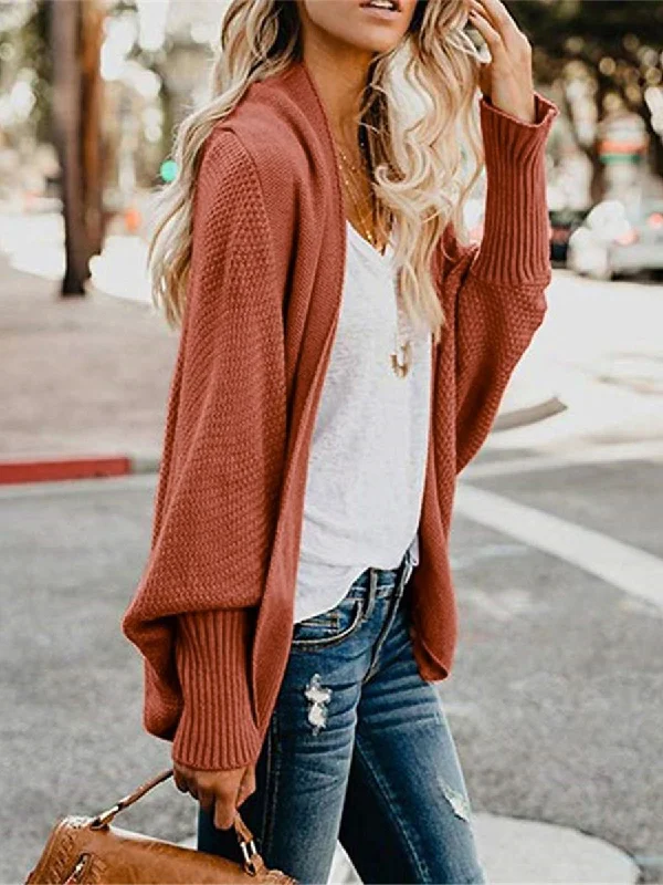 Versatile Style Popular Knitted Cardigan Sweater Multicolor Solid Color Bat Sleeve Ribbed Cardigan
