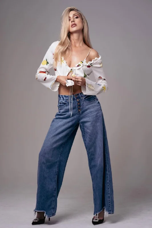 Classic Items Talia Buttonfly Wide Leg Jeans - Medium Blue Black