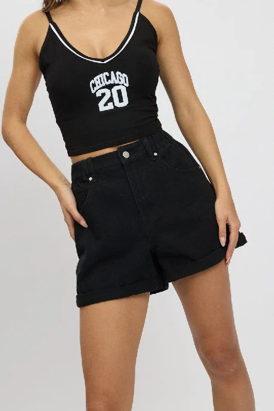 Elegant Style Black Relaxed Short Elastic Waist