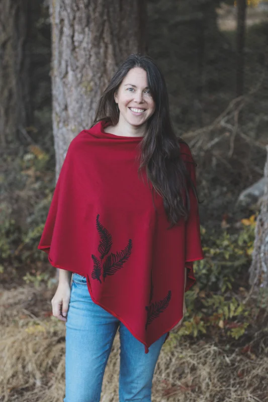 Leisure Sports Scarlet Red Tencel Poncho with Fern Print